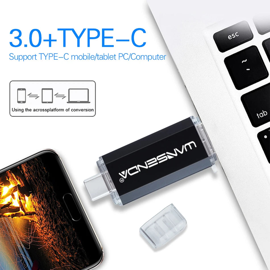 WANSENDA OTG Type-C USB 3.0 Flash Drive - 16GB to 512GB, CE Certified