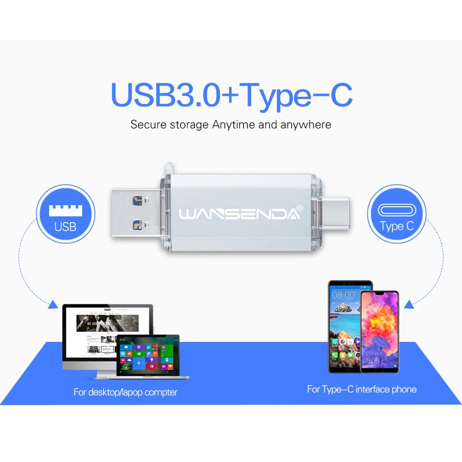 WANSENDA OTG Type-C USB 3.0 Flash Drive - 16GB to 512GB, CE Certified