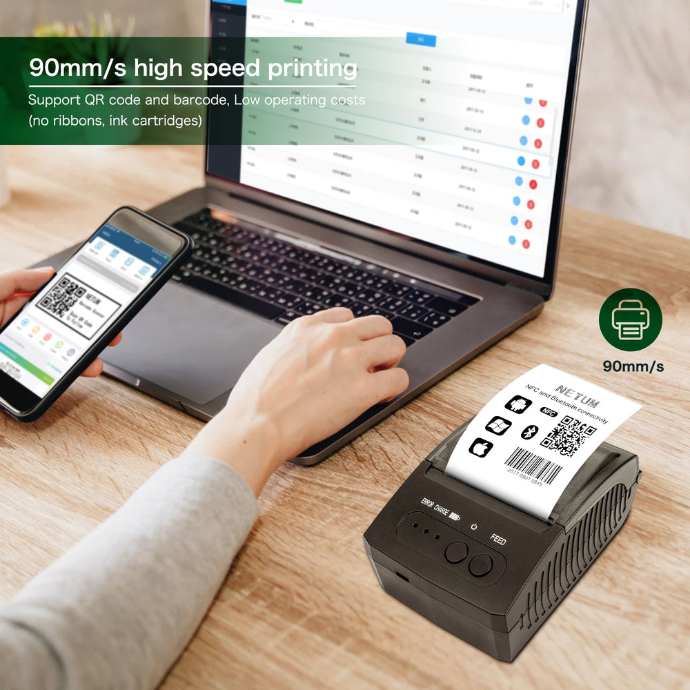 NETUM 1809 Mini 58mm Bluetooth Thermal Printer - Portable Receipt Printer, Android & iOS, USB, POS System