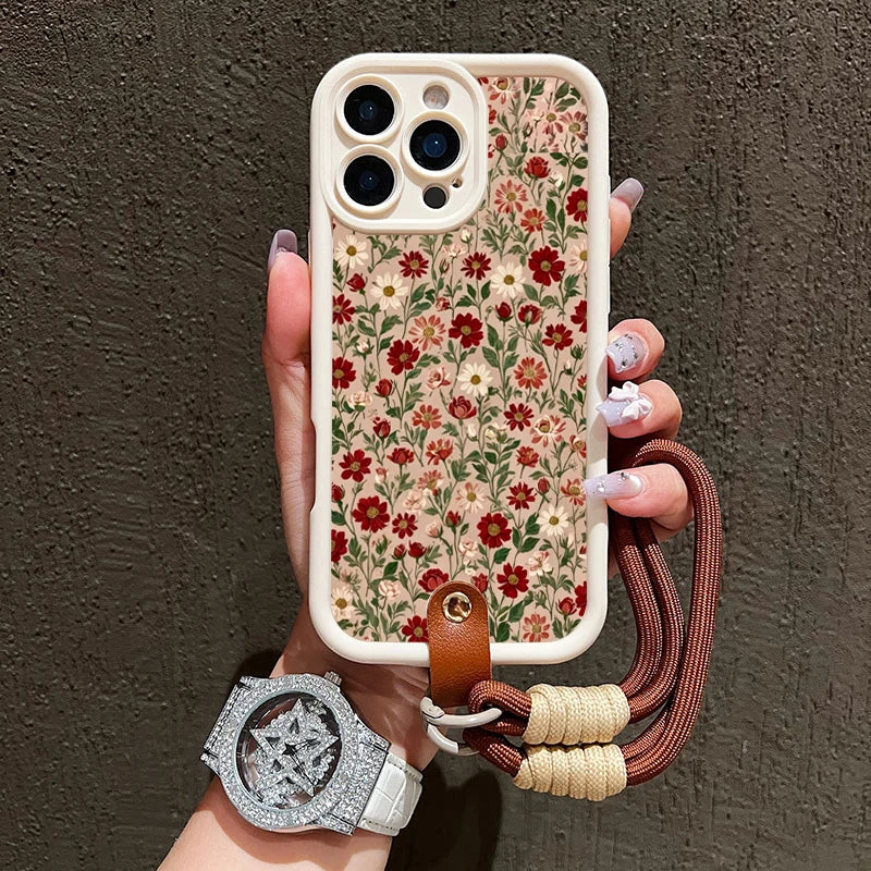 Cute Flower Lanyard Silicone Phone Case for iPhone 17/16/15/14/13/12/11 - Crossbody Strap, Soft Cover