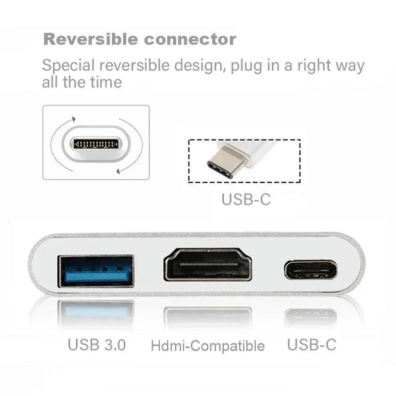 3-in-1 USB-C to HDMI Adapter - USB 3.1 Hub, Type-C Charging, Samsung/MacBook Compatible