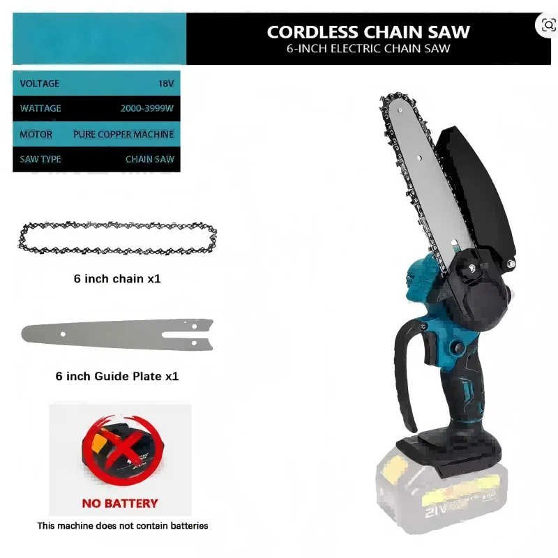 Mini Li-Ion Electric Chainsaw 1700RPM 6-Inch - One-Hand Portable, 18V Makita Compatible