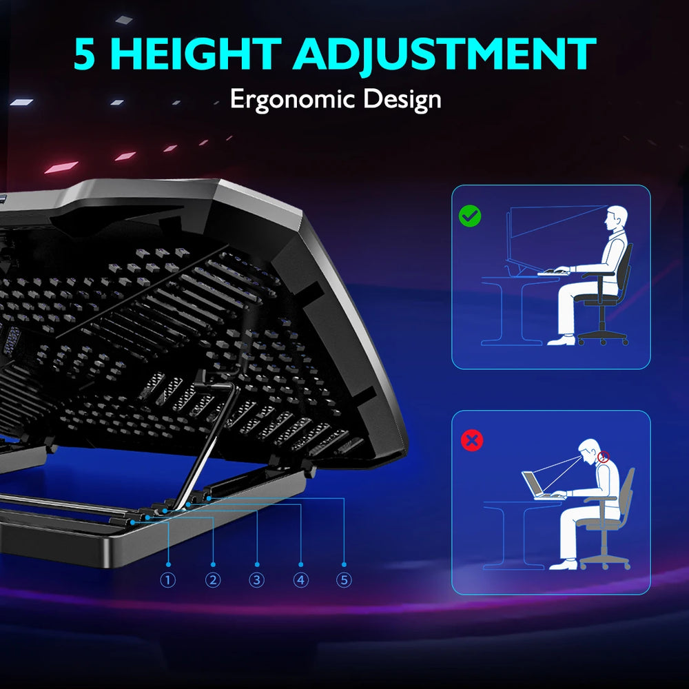 COOLCOLD Laptop Cooling Pad 12-17 Inch - 5 Quiet Fans, 5 Angle Positions, Phone Holder