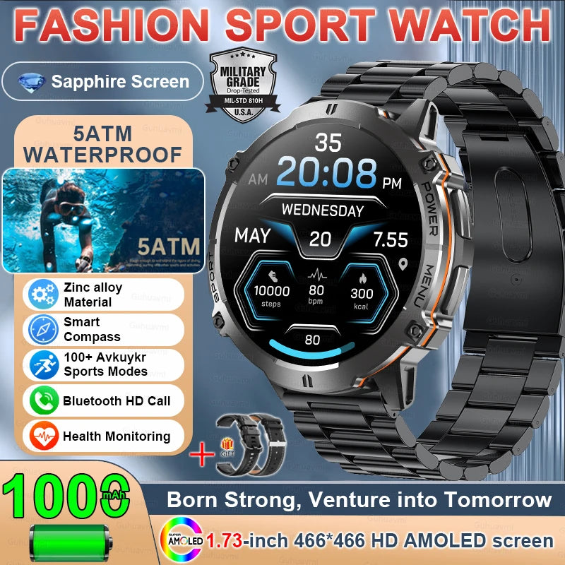 Military GPS Smartwatch - 1.73" AMOLED 1000mAh 5ATM Outdoor Watch