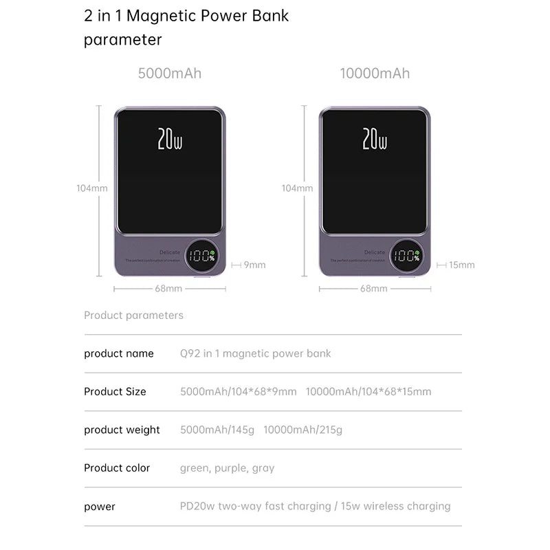 Alloy Magnetic Wireless Power Bank - 10000mAh MagSafe Fast Charging, For iPhone 15/14/13/12/11, Slim Metal