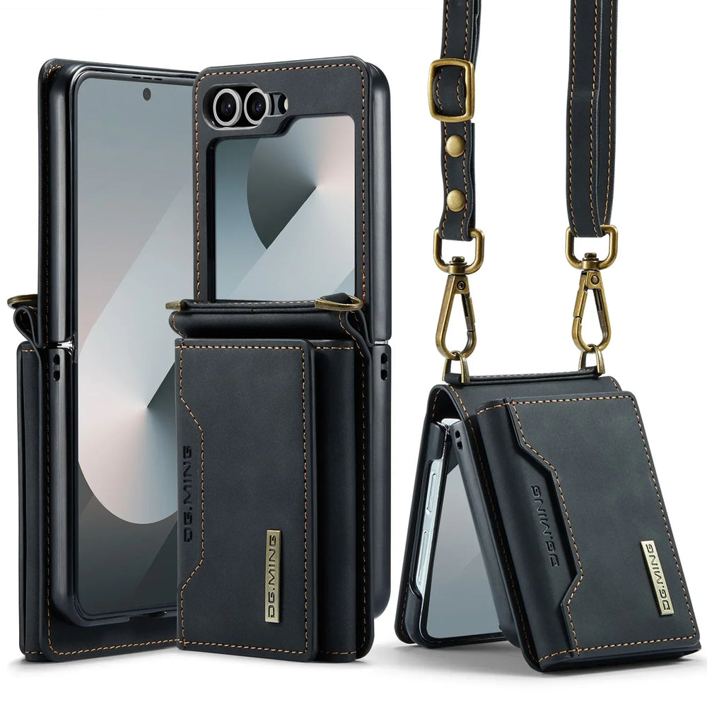 Crossbody Leather Wallet Case for Samsung Galaxy Z Flip 7/6/5/4/3 - Card Slots, Lanyard Strap, Purse