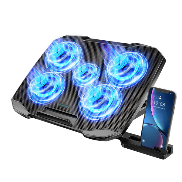 COOLCOLD Laptop Cooling Pad 12-17 Inch - 5 Quiet Fans, 5 Angle Positions, Phone Holder