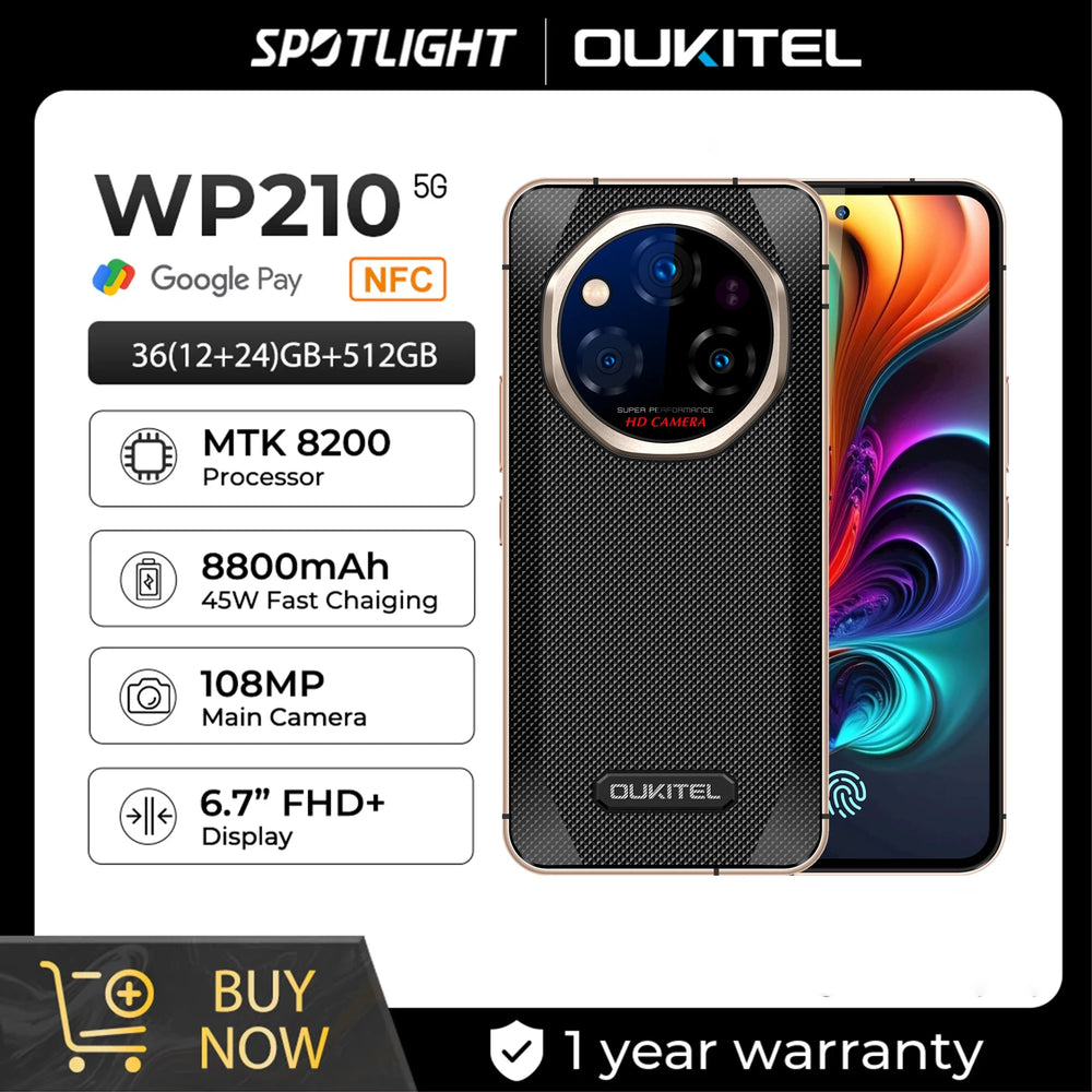 OUKITEL WP210 5G Rugged Smartphone - 36GB + 512GB, 108MP, 8800mAh
