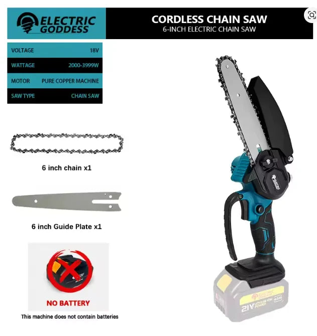 Mini Li-Ion Electric Chainsaw 1700RPM 6-Inch - One-Hand Portable, 18V Makita Compatible