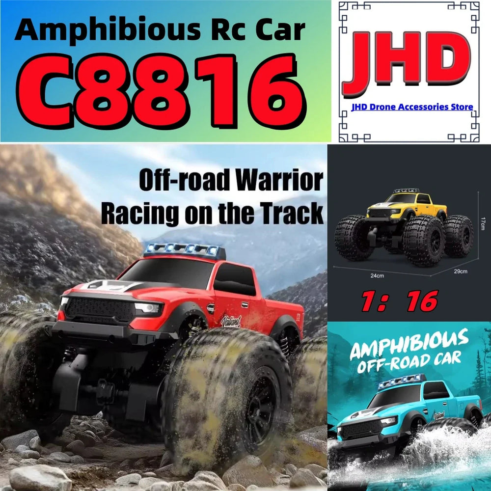 JJRC C8816 Amphibious RC Monster Truck - 4WD Off-Road Climbing, LED Light, Bigfoot Buggy, Land & Water