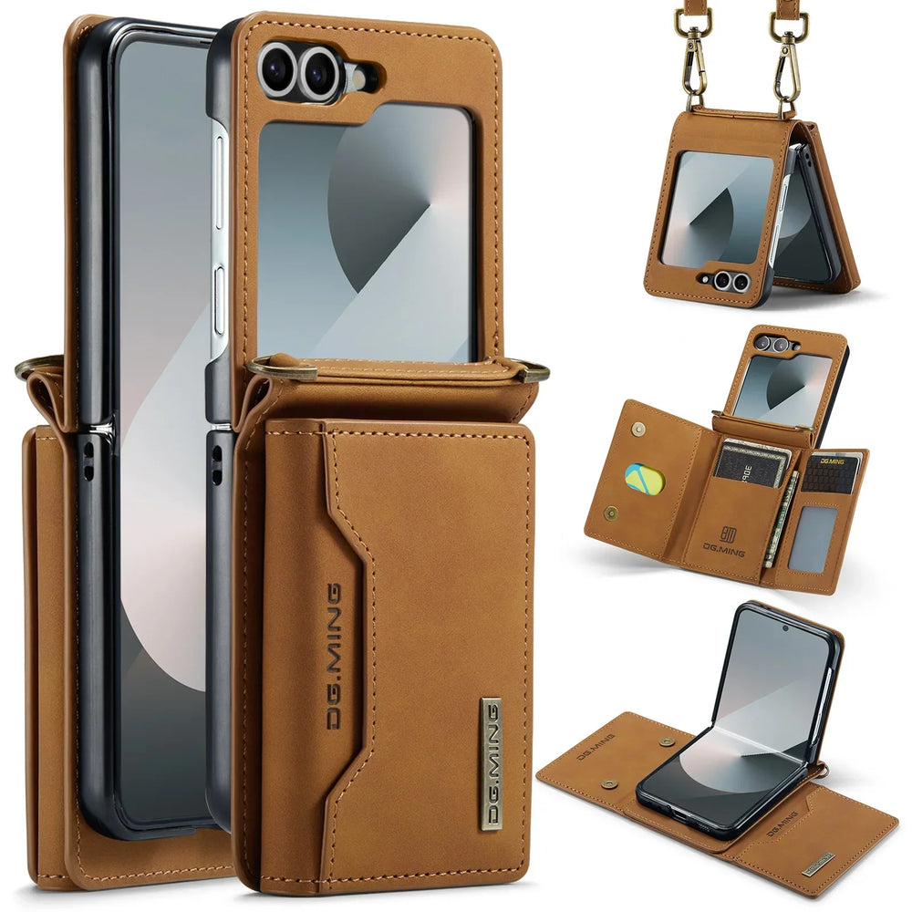 Crossbody Leather Wallet Case for Samsung Galaxy Z Flip 7/6/5/4/3 - Card Slots, Lanyard Strap, Purse