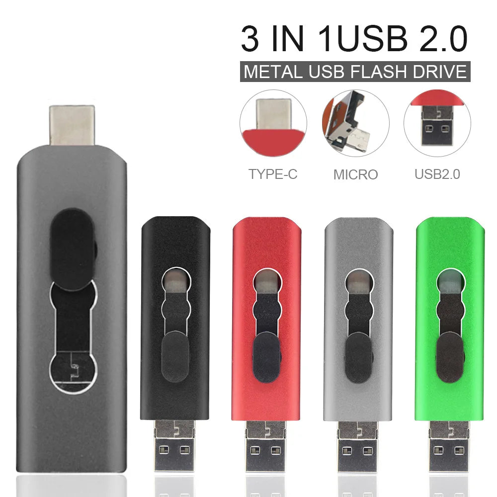 3-in-1 Metal OTG USB Flash Drive - USB 2.0, Type-C, Micro USB, 8GB to 128GB