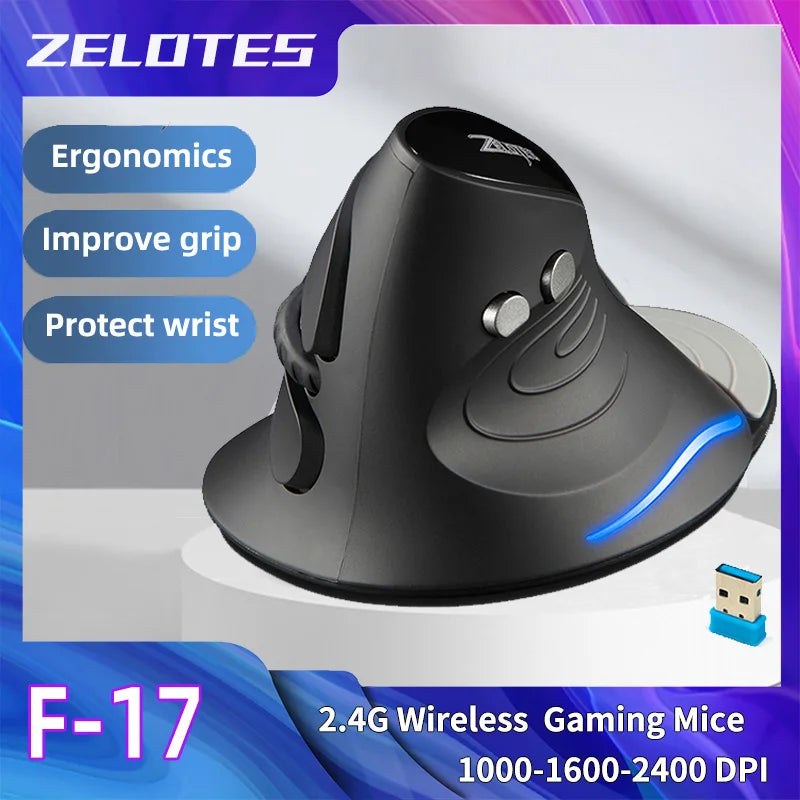 Zelotes F-17 Vertical Ergonomic Wireless Mouse - 2.4G, 3-Speed DPI, Gaming Grade