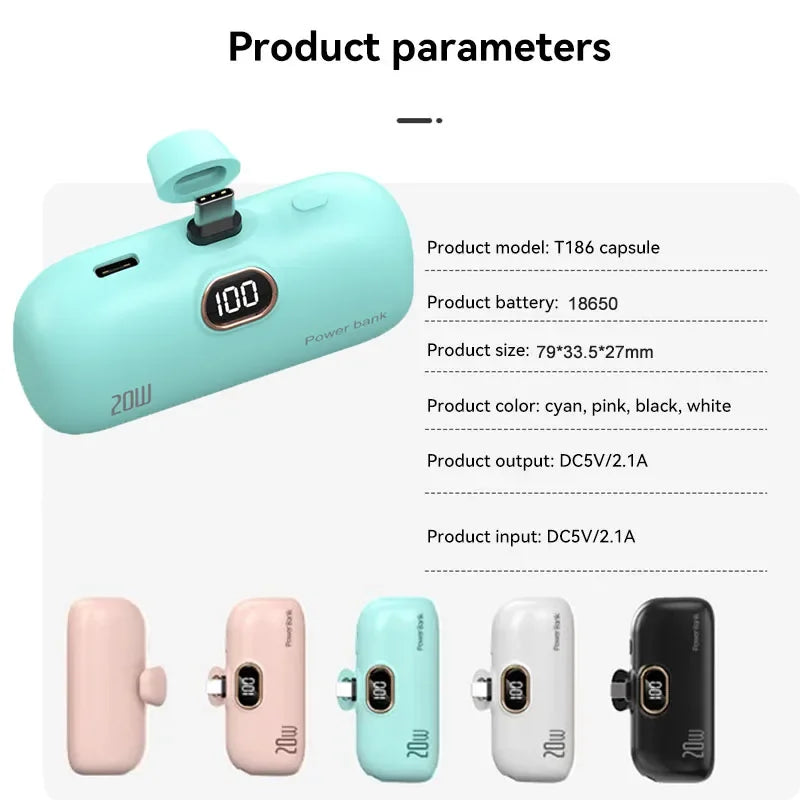 Mini Capsule Portable Power Bank - Built-In Fast Charging Cable, 10000mAh, For iPhone & USB-C Devices