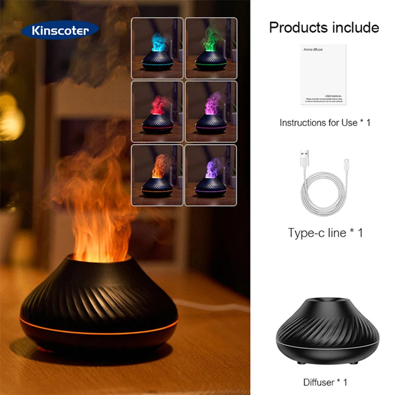 KINSCOTER Volcanic Aroma Diffuser 130ml - USB, Colour Flame Night Light, Essential Oil Humidifier