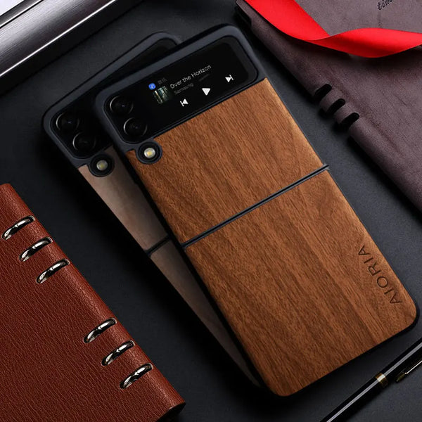 Samsung Galaxy Z Flip 3/4/5 Leather Flip Case - Bamboo Wood Pattern, Magnetic Closure, Protective Shell