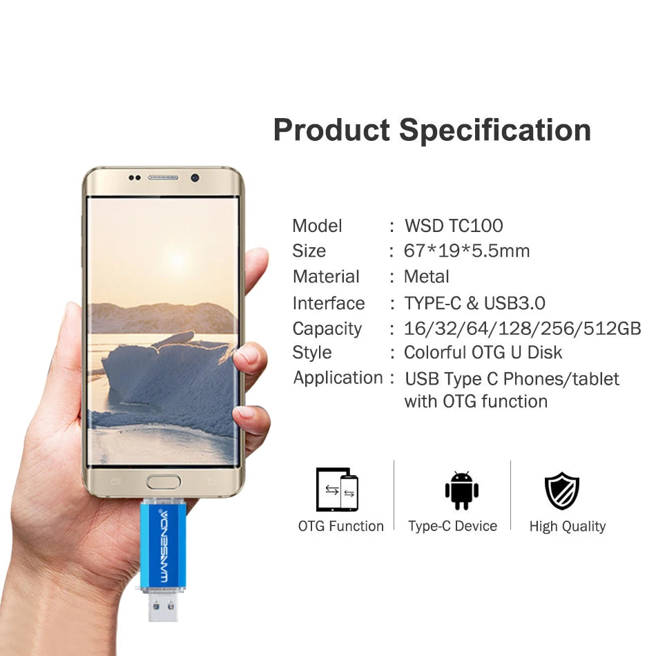 WANSENDA OTG Type-C USB 3.0 Flash Drive - 16GB to 512GB, CE Certified