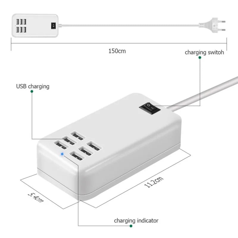 Premium 6-Port USB Wall Charger Hub - 5V/3A Fast Charging Station, EU/US Plug, Universal Compatibility