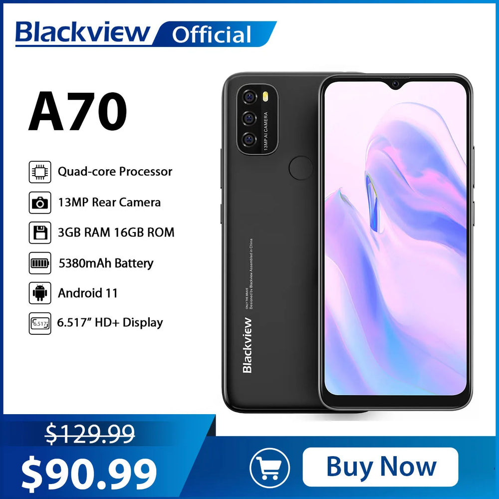 Blackview A70 4G Dual SIM Smartphone - Android 11, 6.52" Display, 3GB RAM + 32GB ROM, 5380mAh Battery