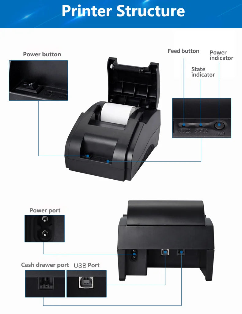 Xprinter 58mm Portable Thermal Receipt Printer - USB & Bluetooth, Android & iOS, POS Ticket Bill Machine
