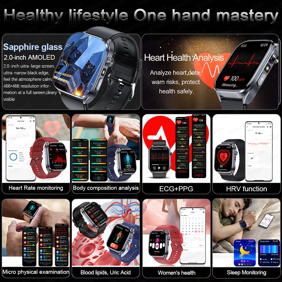 ECG Wellness Smartwatch - 2.0" AMOLED Bluetooth Calling Health Tracker
