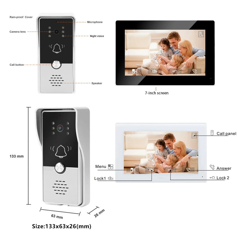 7-Inch Video Intercom System Indoor Monitor - Visual Doorphone Camera, Home Security Kit