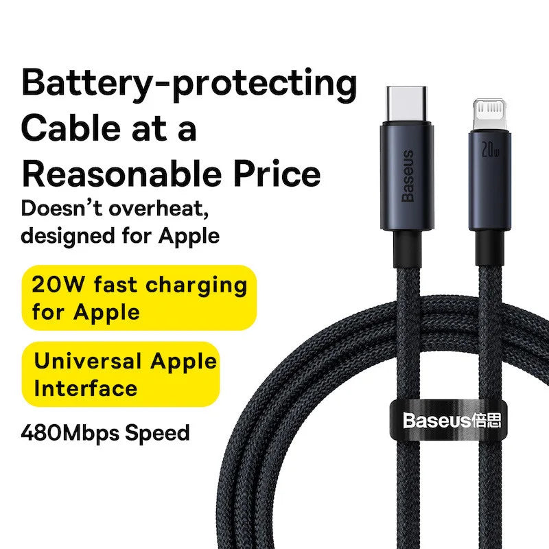 Baseus Fast Charging USB Cable for iPhone 13/12/11 Pro Max - USB-C to Lightning, Data Sync, Braided