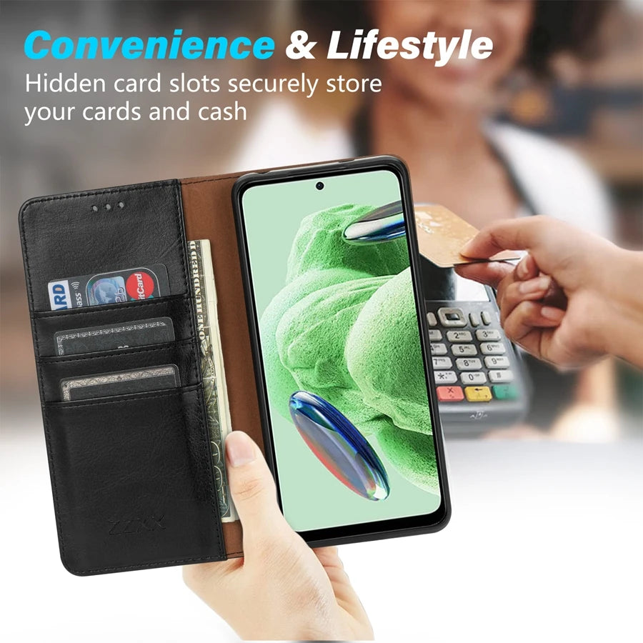 Magnetic Wallet Leather Case for Xiaomi Redmi Note 12 Pro/11/10S - Card Holder, Skin-Friendly Flip Cover