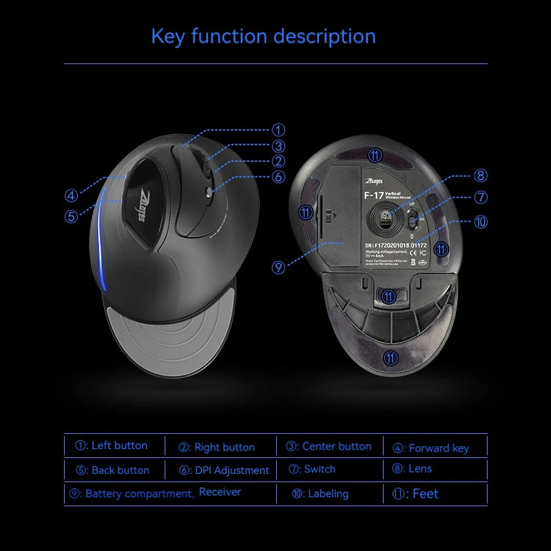 Zelotes F-17 Vertical Ergonomic Wireless Mouse - 2.4G, 3-Speed DPI, Gaming Grade