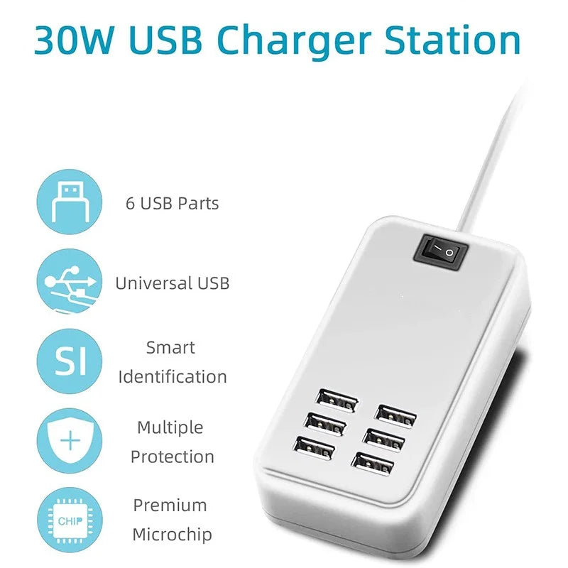 Premium 6-Port USB Wall Charger Hub - 5V/3A Fast Charging Station, EU/US Plug, Universal Compatibility