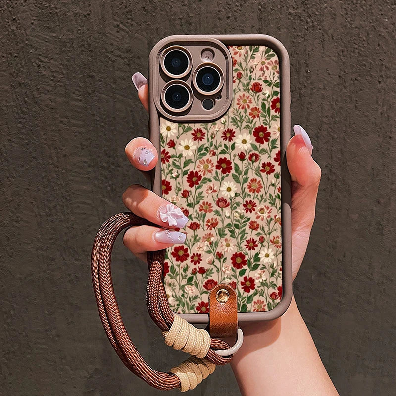 Cute Flower Lanyard Silicone Phone Case for iPhone 17/16/15/14/13/12/11 - Crossbody Strap, Soft Cover