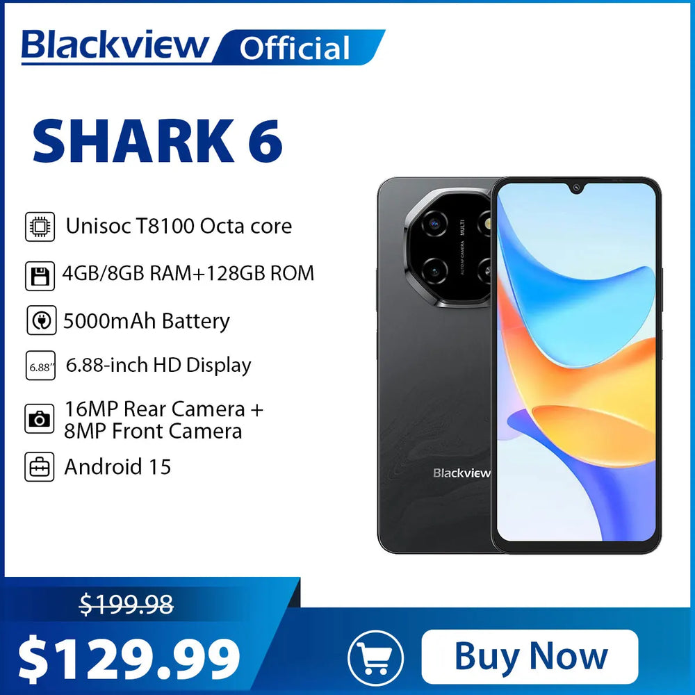 Blackview SHARK 6 5G Smartphone - Android 15, 6.88" 120Hz Display, 8GB RAM + 128GB ROM, 5000mAh Battery