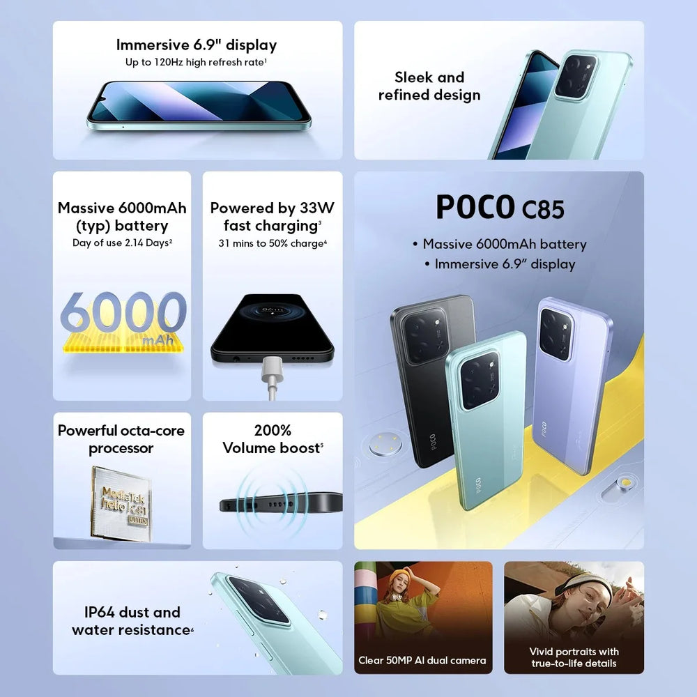 POCO C85 Global Smartphone - 6.9" 120Hz Display, 6000mAh, 50MP Camera