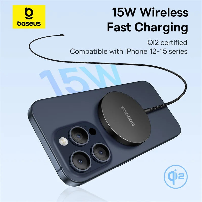 Baseus Qi2 Magnetic Wireless Fast Charger - 15W, MagSafe Compatible, For iPhone 17/16/15/14/13 & AirPods