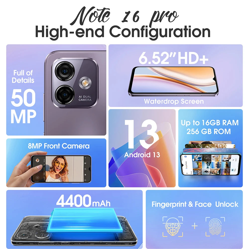 Ulefone Note 16 Pro 4G Smartphone - 16GB RAM (8+8 Extended), 256GB ROM, Android 13, 50MP Camera