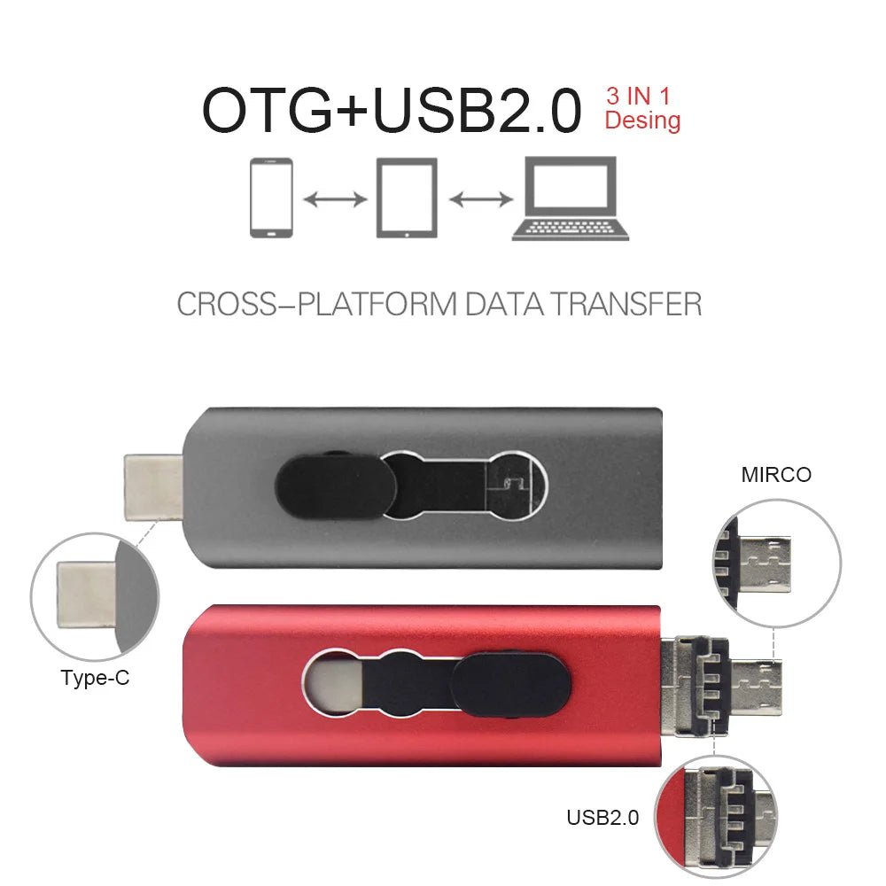 3-in-1 Metal OTG USB Flash Drive - USB 2.0, Type-C, Micro USB, 8GB to 128GB