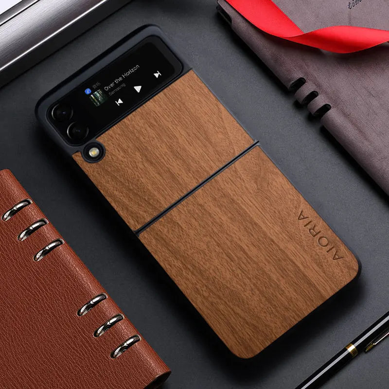Samsung Galaxy Z Flip 3/4/5 Leather Flip Case - Bamboo Wood Pattern, Magnetic Closure, Protective Shell