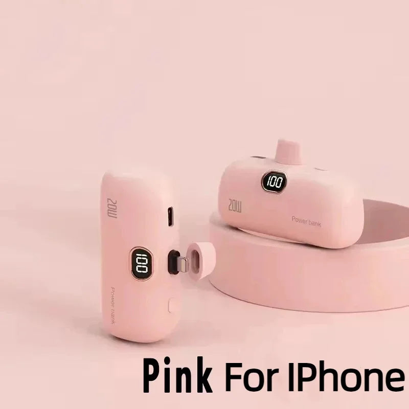 Mini Capsule Portable Power Bank - Built-In Fast Charging Cable, 10000mAh, For iPhone & USB-C Devices