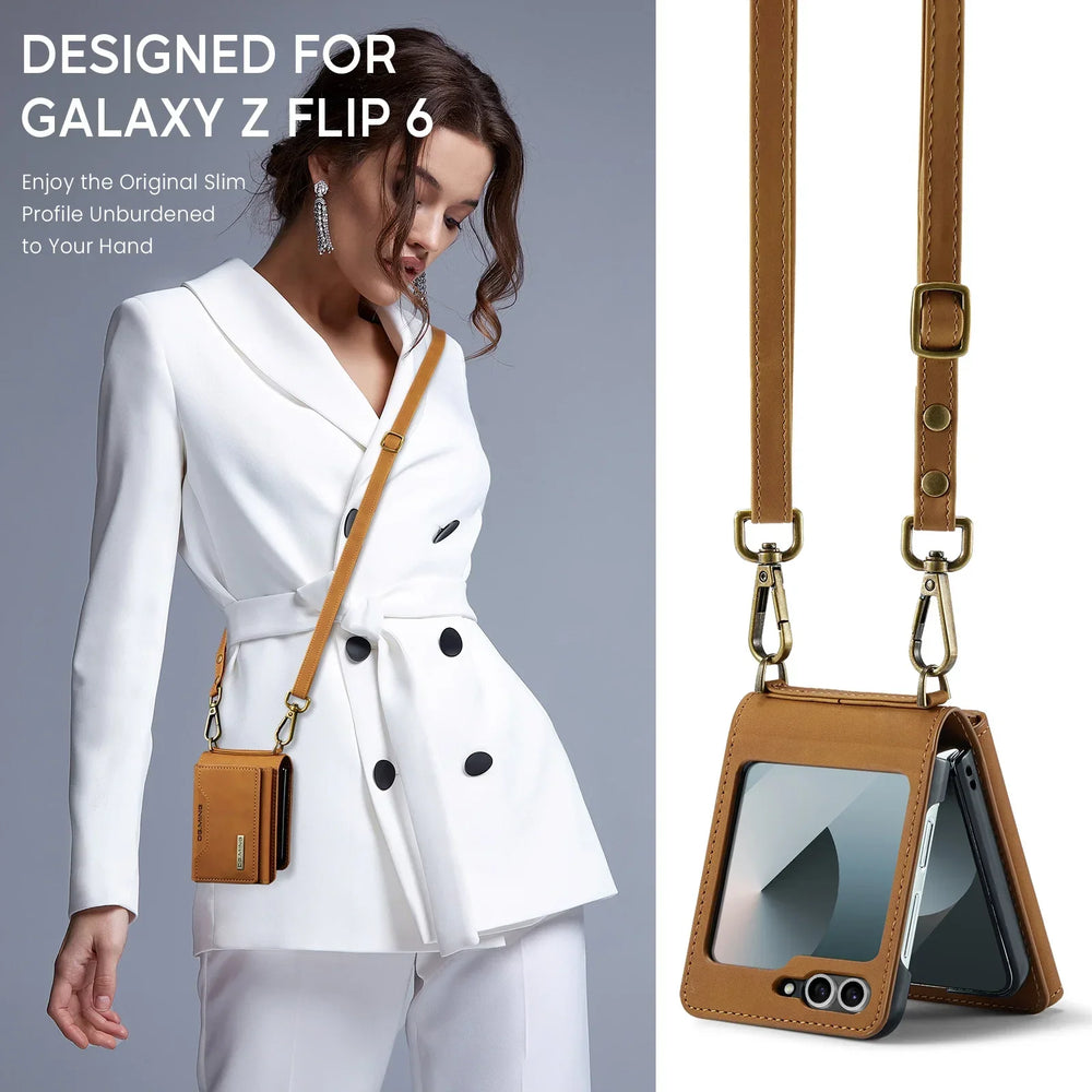 Crossbody Leather Wallet Case for Samsung Galaxy Z Flip 7/6/5/4/3 - Card Slots, Lanyard Strap, Purse