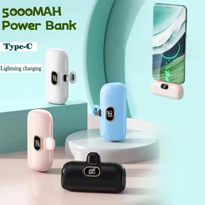 Mini Capsule Portable Power Bank - Built-In Fast Charging Cable, 10000mAh, For iPhone & USB-C Devices