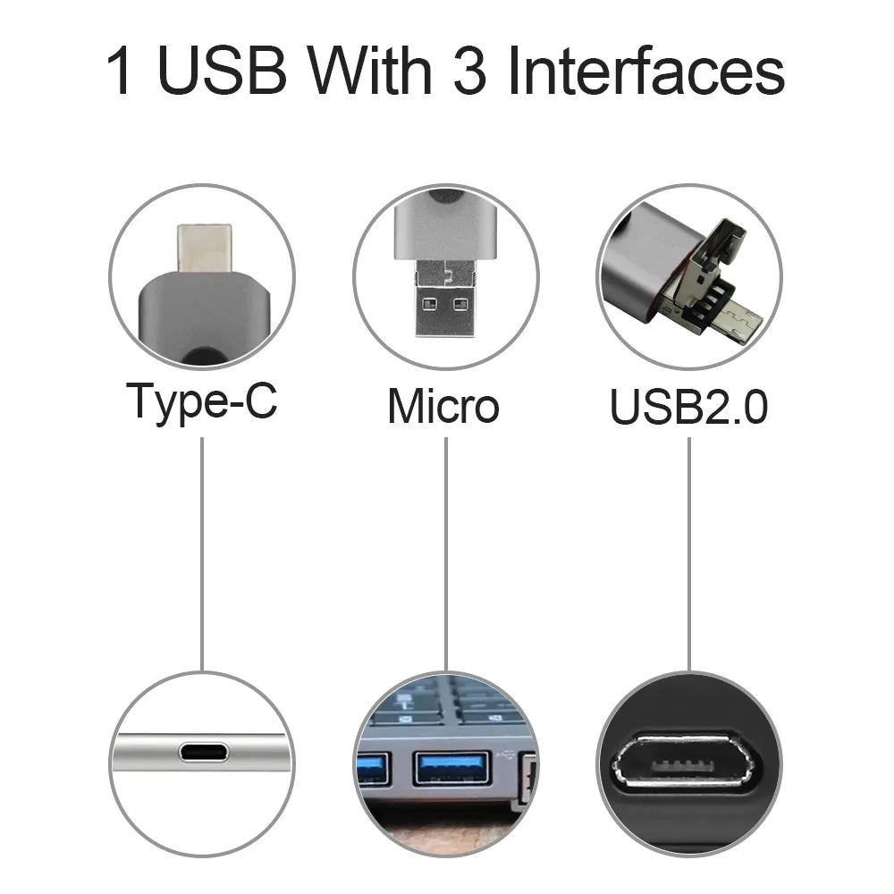 3-in-1 Metal OTG USB Flash Drive - USB 2.0, Type-C, Micro USB, 8GB to 128GB