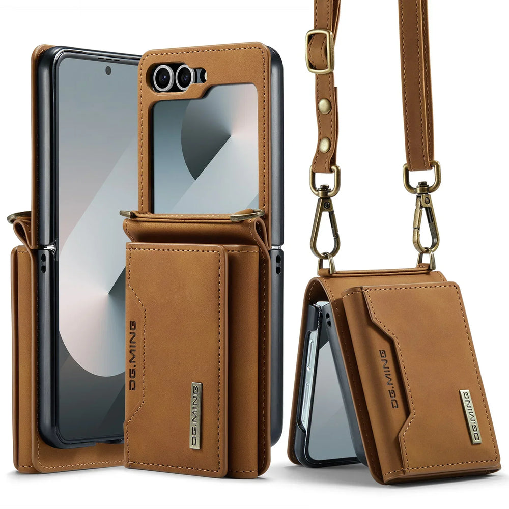 Crossbody Leather Wallet Case for Samsung Galaxy Z Flip 7/6/5/4/3 - Card Slots, Lanyard Strap, Purse