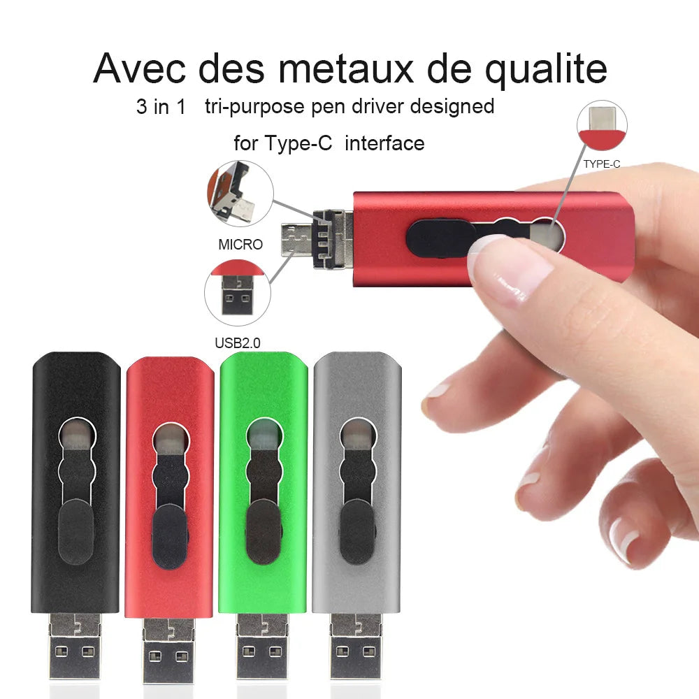 3-in-1 Metal OTG USB Flash Drive - USB 2.0, Type-C, Micro USB, 8GB to 128GB