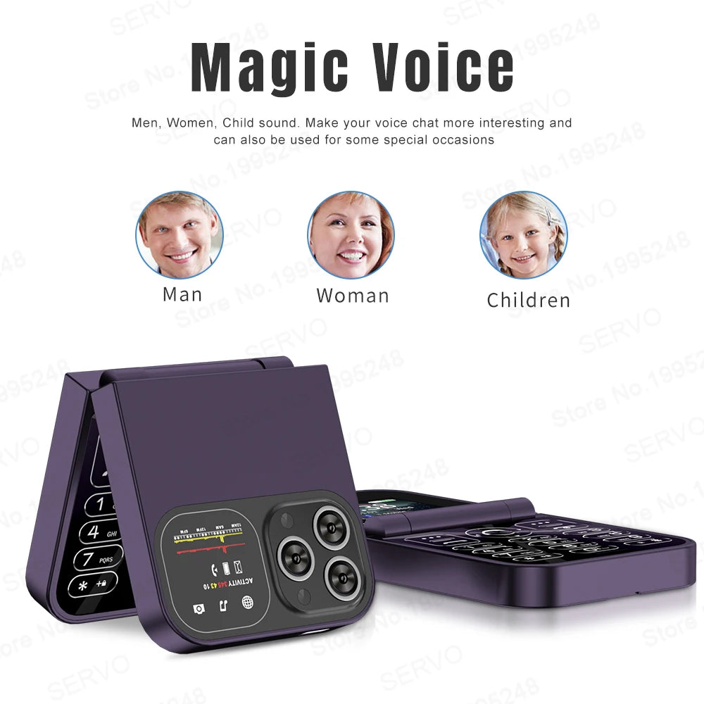 SERVO F15 Mini Flip Mobile Phone - 2.0" Display, Dual SIM, Speed Dial, Magic Voice, Senior-Friendly