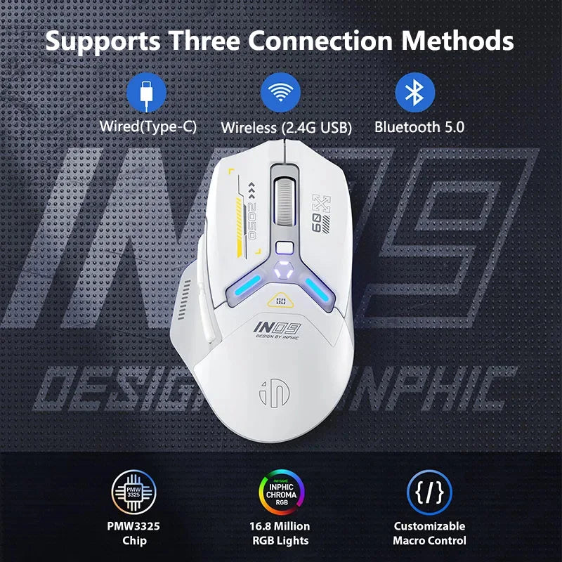 Inphic IN9 Wireless Gaming Mouse PAW3311 - RGB, Rechargeable, Bluetooth + 2.4G