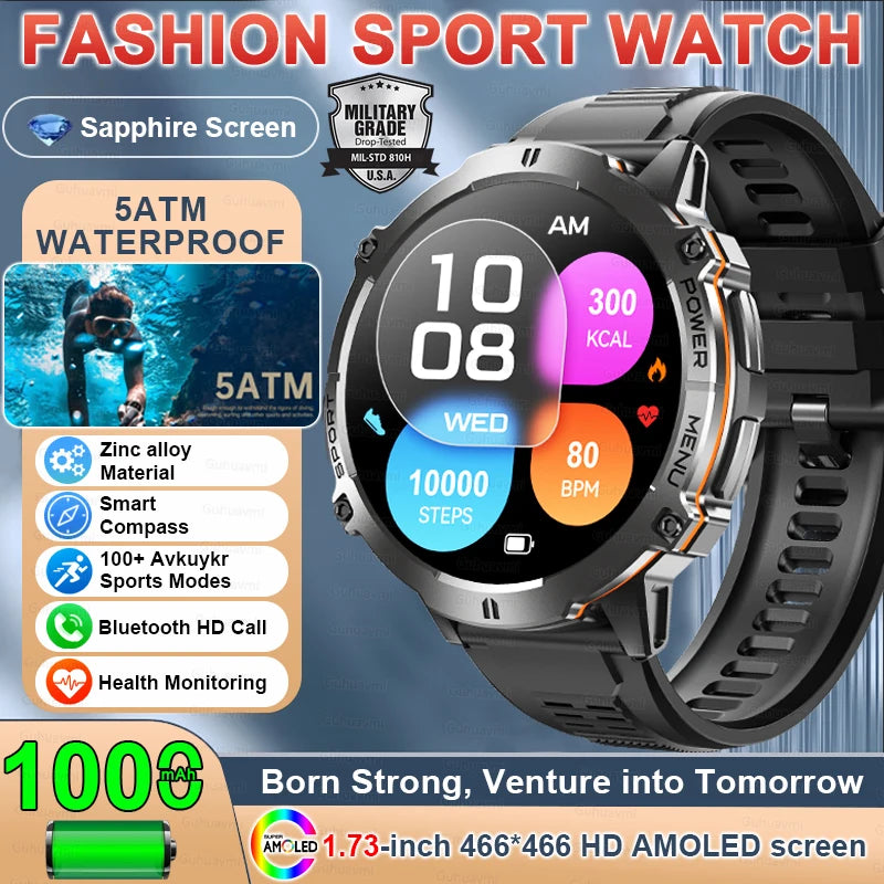 Military GPS Smartwatch - 1.73" AMOLED 1000mAh 5ATM Outdoor Watch