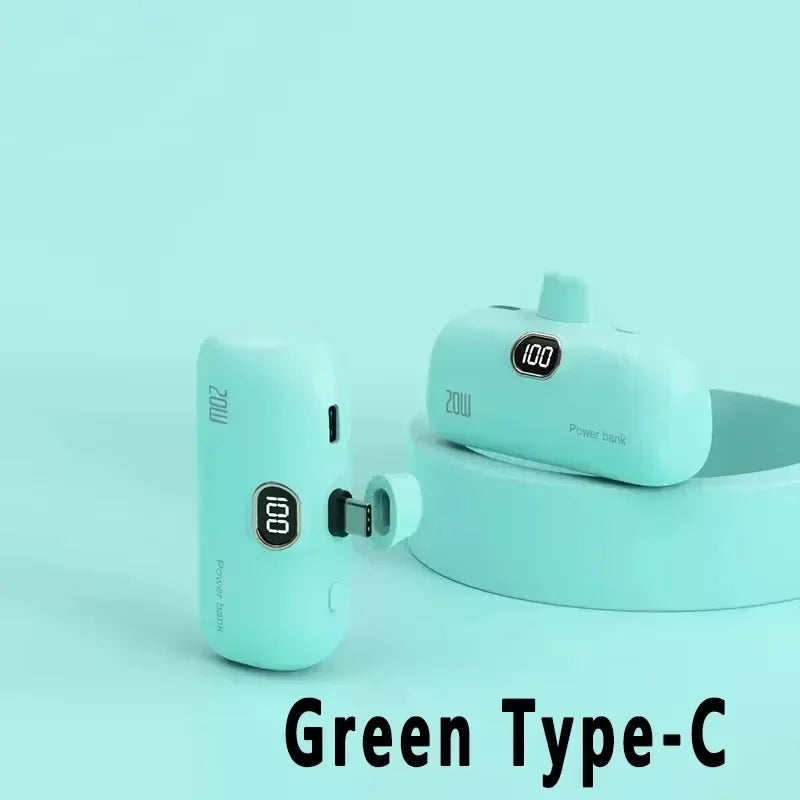 Mini Capsule Portable Power Bank - Built-In Fast Charging Cable, 10000mAh, For iPhone & USB-C Devices