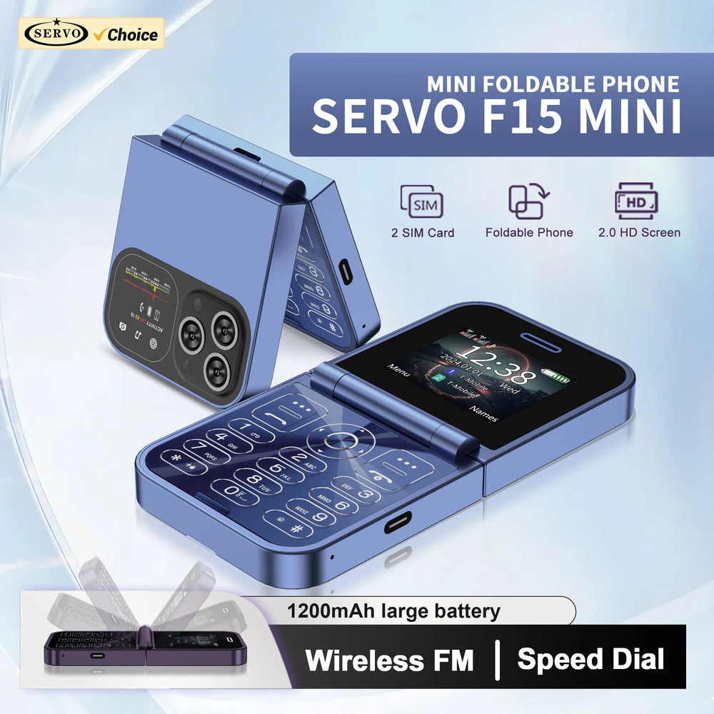 SERVO F15 Mini Flip Mobile Phone - 2.0" Display, Dual SIM, Speed Dial, Magic Voice, Senior-Friendly