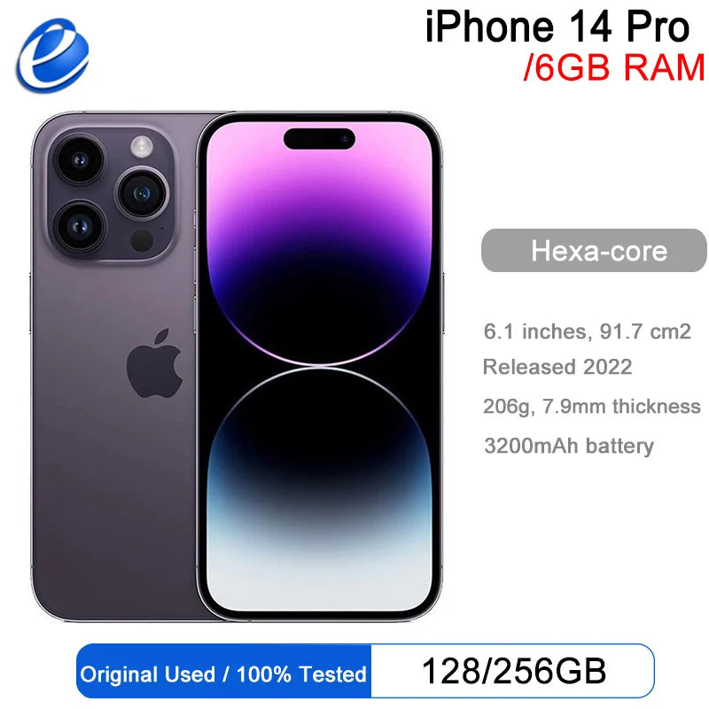 Apple iPhone 14 Pro Unlocked Smartphone - 6.1" OLED, 6GB RAM, Face ID, NFC, 5G, Up to 512GB