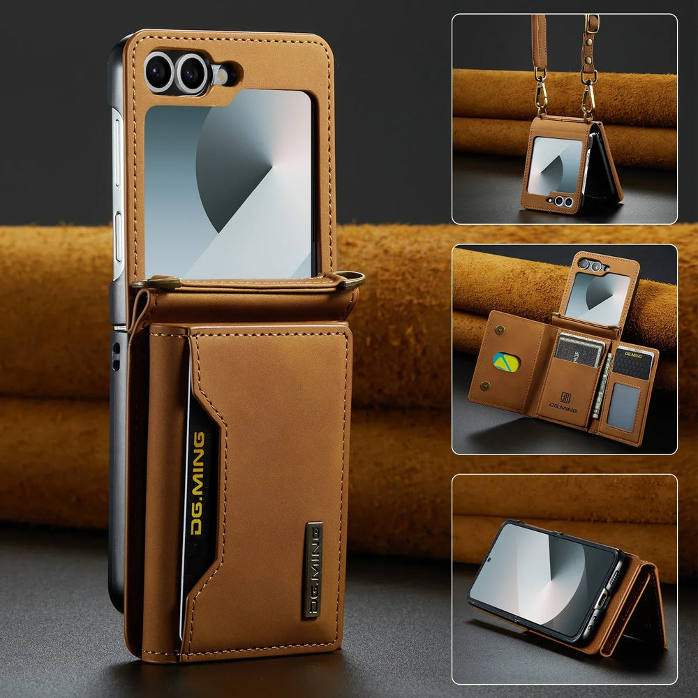 Crossbody Leather Wallet Case for Samsung Galaxy Z Flip 7/6/5/4/3 - Card Slots, Lanyard Strap, Purse